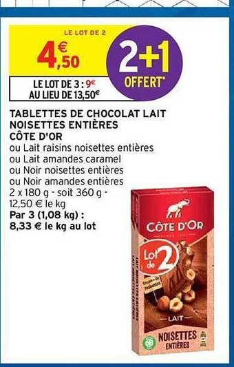 Tablettes De Chocolat Lait Noisettes Entières Côte D'or