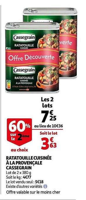 Auchan Ratatouille Cuisinée à La Provençale Cassegrain offre