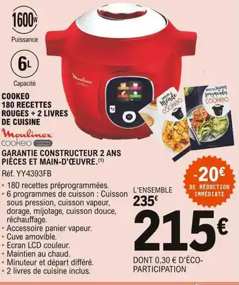 E.Leclerc Cookeo 180 Recettes Rouges + 2 Livres De Cuisine Moulinex offre
