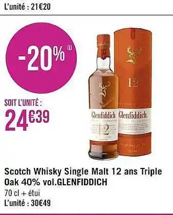 Géant Casino Scotch Whisky Single Malt 12 Ans Triple Oak 40% Vol. Glenfiddich offre