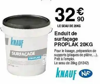 Chretien Matériaux Enduit De Surfaçage Proplak 20 Kg Knauf offre