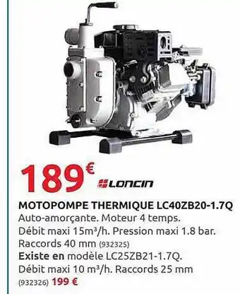Rural Master Motopompe Thermique Lc40zb20-1.7q Loncin offre