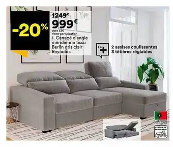 BUT Canapé D'angle Méridienne Tissu Berlin Gris Clair Reynolds offre