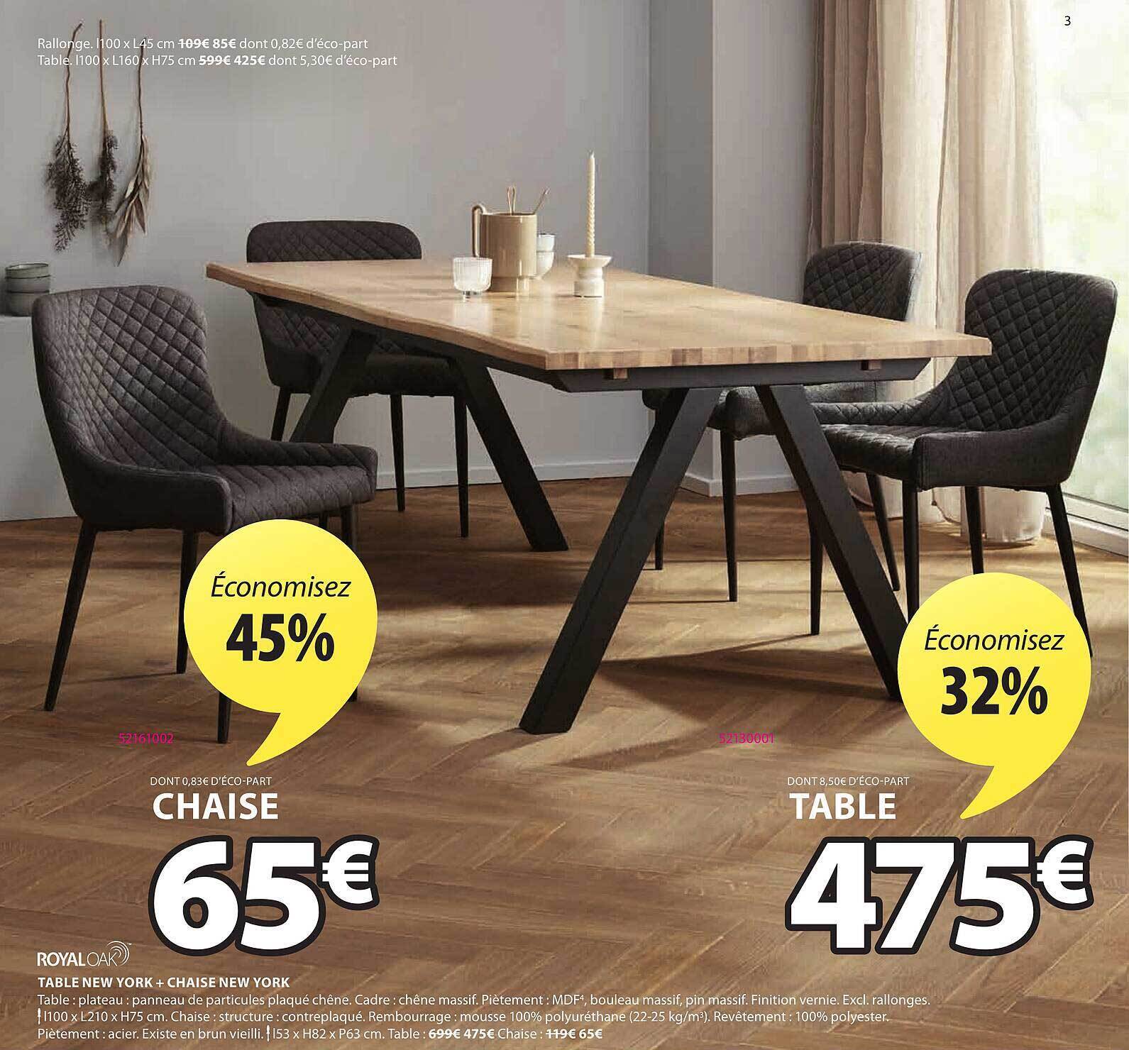 Promo Table New York + Chaise New York Royal Oak chez JYSK