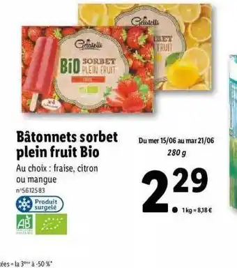 Lidl Bâtonnets Sorbet Plein Fruit Bio offre