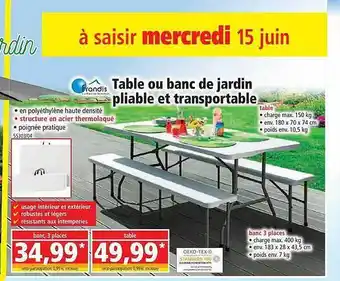 Norma Table Ou Banc De Jardin Pliable Et Transportable Frandis offre