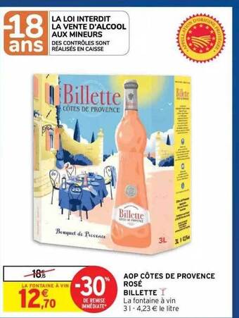 Intermarché Hyper Aop Côtes De Provence Rosé Billette offre