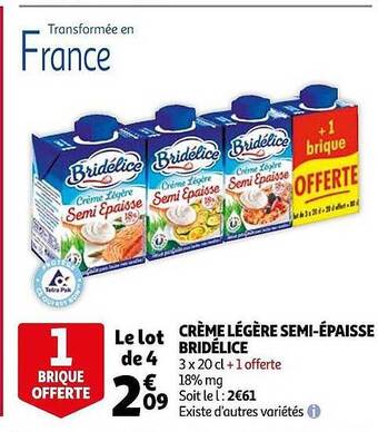 Auchan Crème Légère Semi-épaisse Bridélice offre