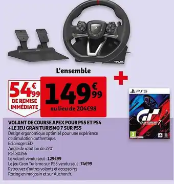 Auchan Volant De Course Apex Pour Ps5 Et Ps4 + Le Jeu Gran Turismo 7 Sur Ps5 offre