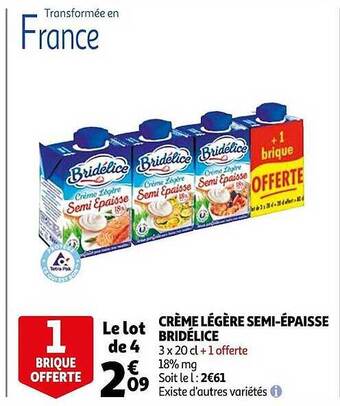 Auchan Crème Légère Semi-épaisse Bridélice offre