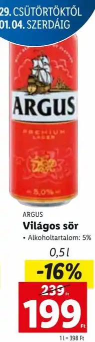 Lidl Argus Világos sör Alkoholtartalom: 5% 0,5 L ajánlat