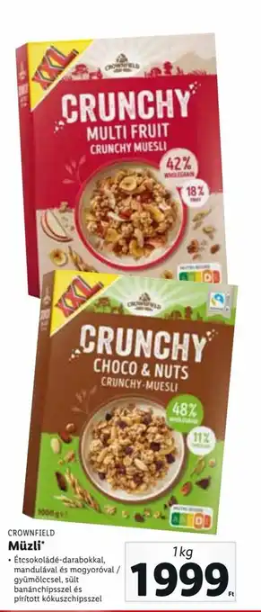 Lidl Crownfield Müzli Étcsokoládé-darabokkal, mandulával és mogyoróval / gyümölcsel ajánlat