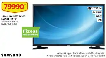 Auchan Samsung ue32t4302 smart hd tv 1366x768 2x5w dvb-t2/c hdr 32" 80cm ajánlat