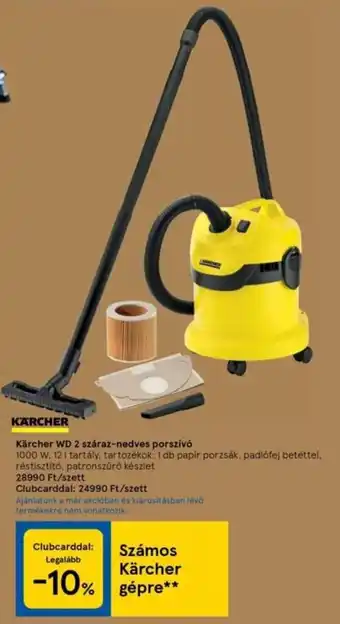Tesco Kärcher wd 2 száraz-nedves porszívó 1000w 12l tartály tartozékok 1 db papír porzsák padlófej betéttel réstisztító ajánlat