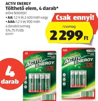 ALDI Activ energy tölthető elem 4 darab előre feltöltött AA 1.2v és 2400 mAh vagy AAA 1.2v és 900 mAh 4 darab / csomag ajánlat