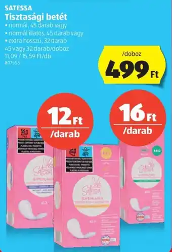 ALDI Satessa tisztasági betét normál / normál illatos / extra hosszú 45 / 45 / 32 darab ajánlat