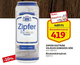 Auchan Zipfer osztrák világos dobozos sör 0,5l ajánlat