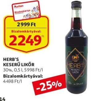 Auchan Herb's keserű likőr 30% 0,5l ajánlat