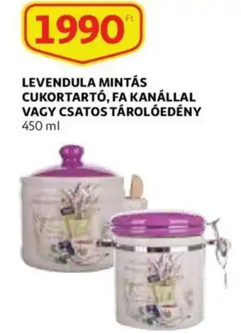 Auchan Levendula mintás cukortartó fa kanállal vagy csatos tárolóedény 450ml ajánlat