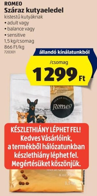 ALDI Romeo Száraz kutyaeledel 1,5kg ajánlat