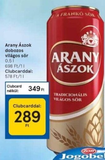 Tesco Arany Ászok dobozos világos sör 0,5l ajánlat