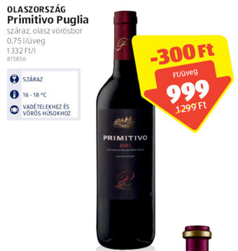 ALDI Olaszország Primitivo puglia 0,75 l ajánlat