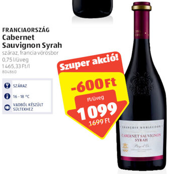 Franciaország Cabernet sauvignon syrah 0,75 l