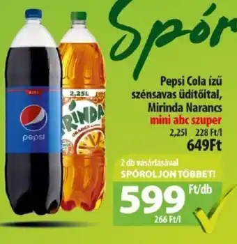 Pepsi Cola ízű szénsavas üdítőital, Mirinda narancs 2,25 l