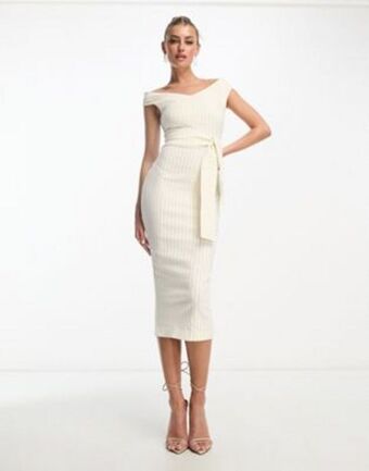 Vesper bardot bodycon midi dress in stone stripe