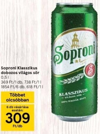 Tesco Soproni Klasszikus dobozos világos sör 0,5 l ajánlat
