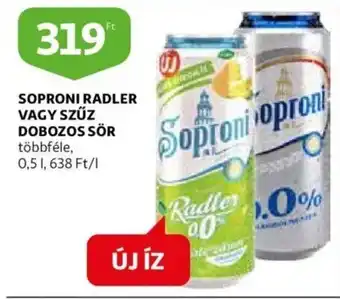 Auchan Soproni radler vagy szűz dobozos sör 0,5 l ajánlat