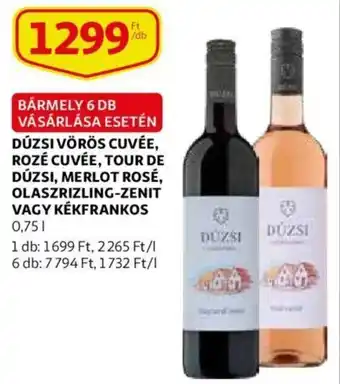 Auchan Dúzsi vörös cuvée, rozé cuvée, tour de Dúzsi, merlot rosé, olaszrizling-zenit vagy kékfrankos 0,75 l ajánlat