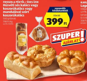 ALDI Frissen a Péktöl / Édes Ízek húsvéti sós kalács vagy koszorúkalács vagy mandulával szórt koszorúkalács 500 g ajánlat