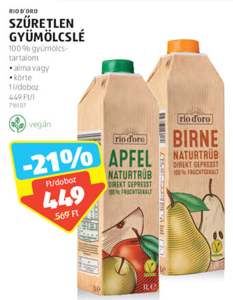 ALDI Rio D'Oro szűretlen gyümölcslé 1 l ajánlat