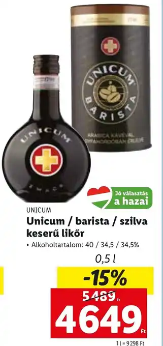 Lidl Unicum unicum / barista / szilva keserű likőr 0,5 l ajánlat