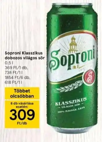Tesco Soproni kalsszikus dobozos világos sör 0,5 l ajánlat