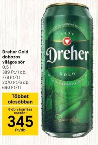 Tesco Dreher gold dobozos világos sör 0,5 l ajánlat