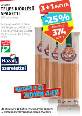 ALDI Le Gusto teljes kiőrlésű spagetti 500 g ajánlat