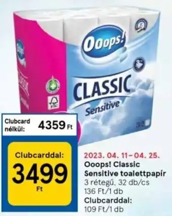 Tesco Ooops! Classic sensitive toalettpapír 32 tekercs ajánlat