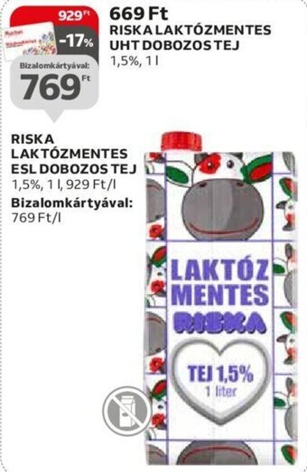Auchan Riska Laktózmentes esl dobozos tej 1 l ajánlat