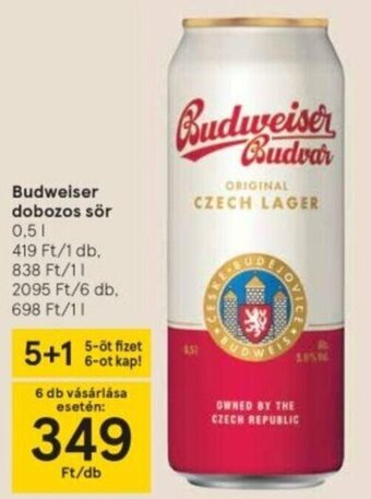 Tesco Budweiser dobozos sör 0,5 l ajánlat