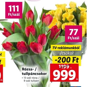 Rózsa-/ tulipáncsokor 13 / 9 szál