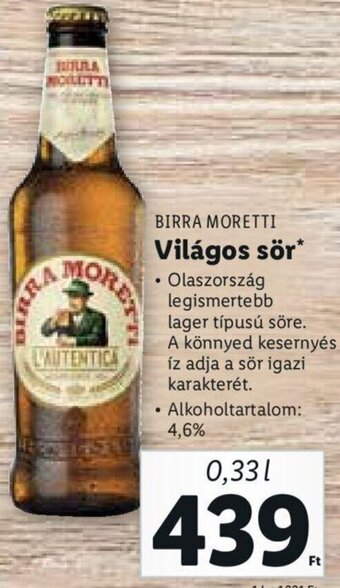 Lidl Birra Moretti Világos sör 0,33 l ajánlat