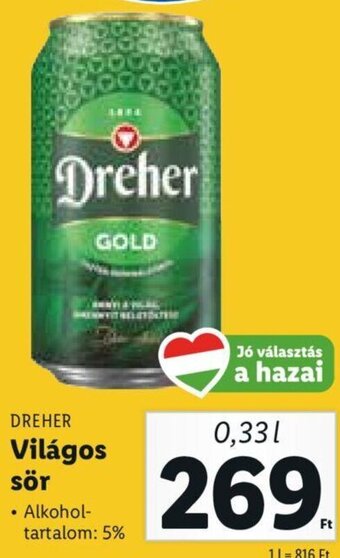 Lidl Dreher Világos sör 0,33 l ajánlat