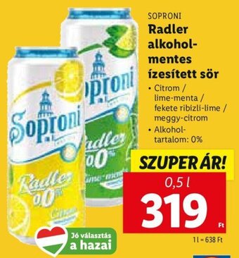 Lidl Soproni Radler alkohol- mentes ízesített sör 0,5 l ajánlat