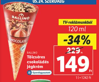 Lidl Ballino Tölcséres csokoládés jégkrém 120 ml ajánlat