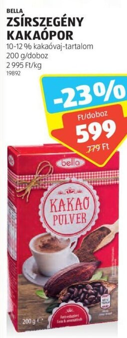 ALDI Bella Zsírszegény kakaópor 200 g ajánlat