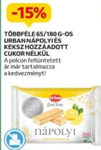 Auchan Többféle 65/180 g-os Urban nápolyi és keksz hozzáadott cukor nélkül ajánlat