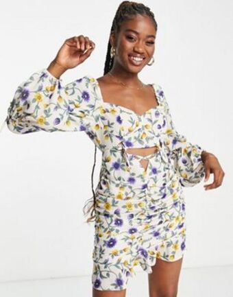 Lashes of london volume tie sleeve ruched cut out mini dress in white floral