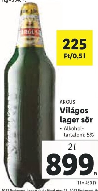 Lidl Argus Világos lager sör 2 l ajánlat